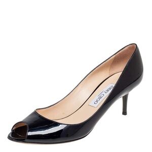 Authentic Jimmy Choo Black Patent Leather Isabel Peep-Toe Pumps size 36.5